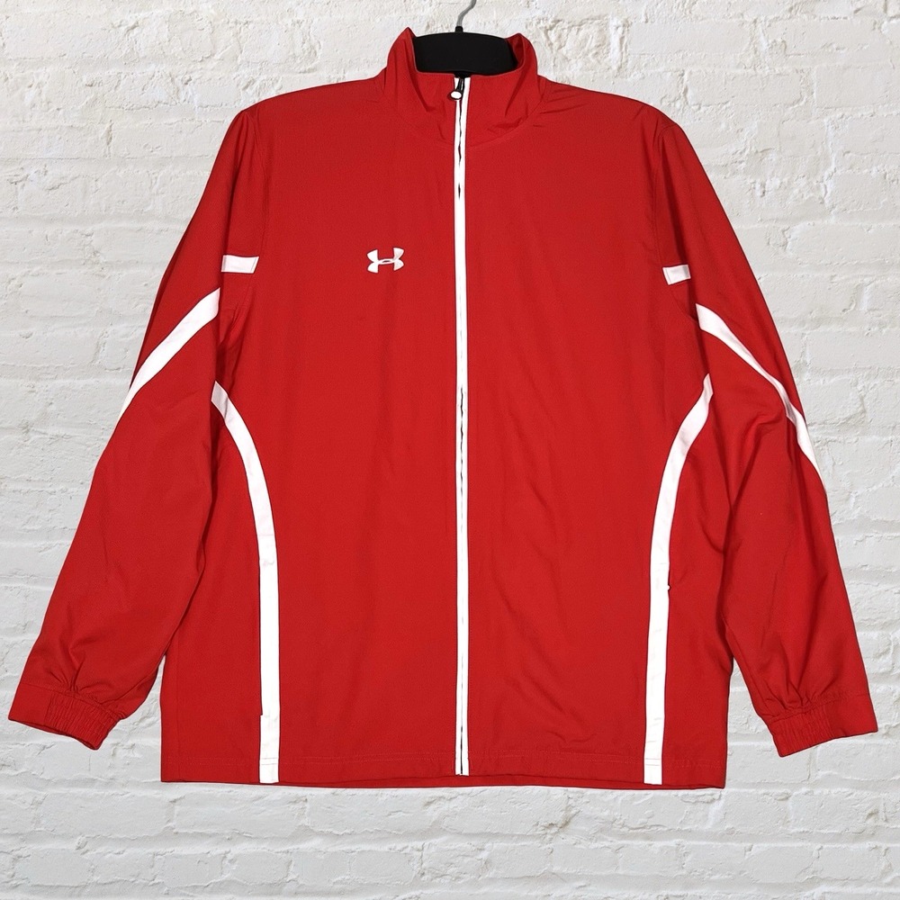 Under Armour Men's Essential Track Jacket Size L Full Zip Red White Sporty Lined